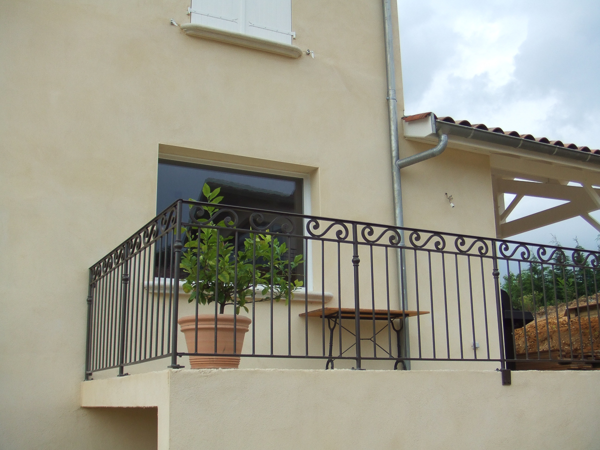 Un balcon avec une balustrade en métal et une plante en pot.