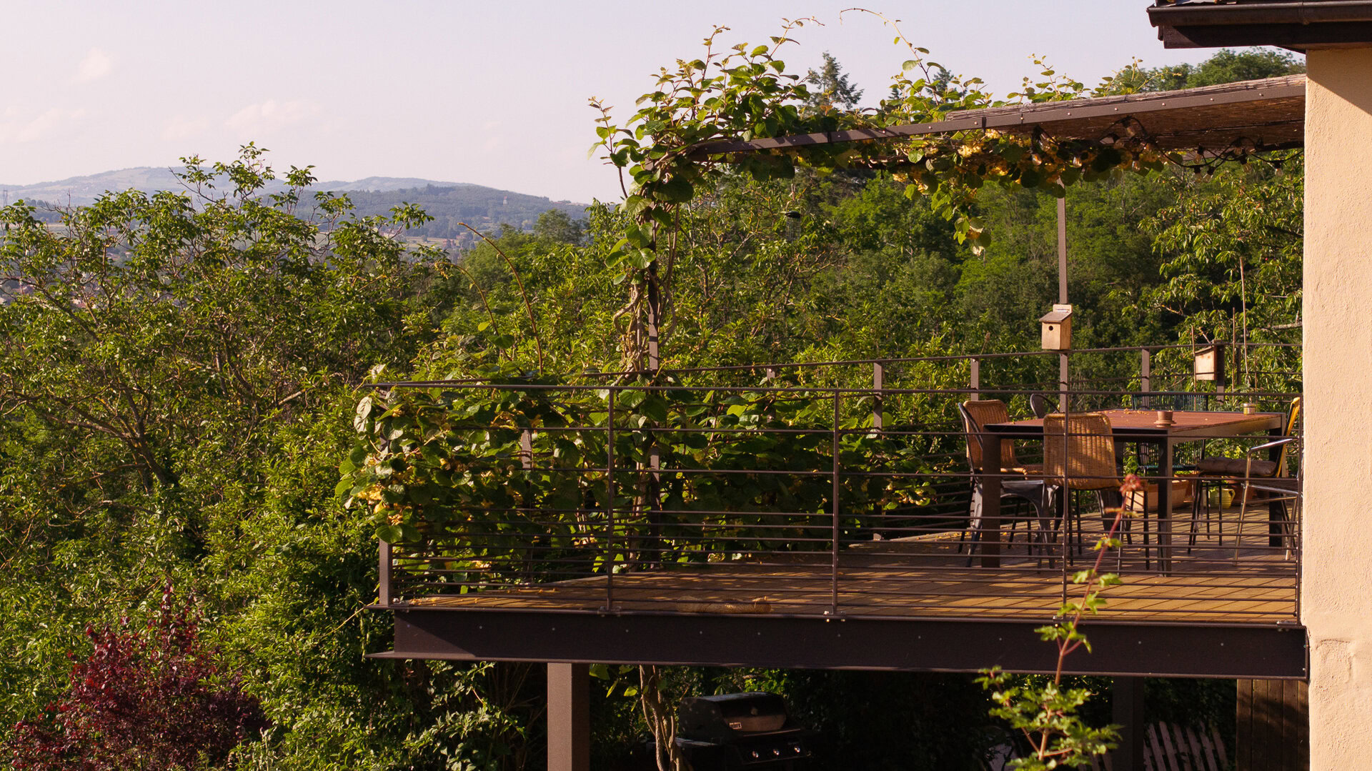 Garde-corps métallique réalisé par un métallier de la région lyonnaise, installé sur un balcon en bois, avec un paysage verdoyant au loin.